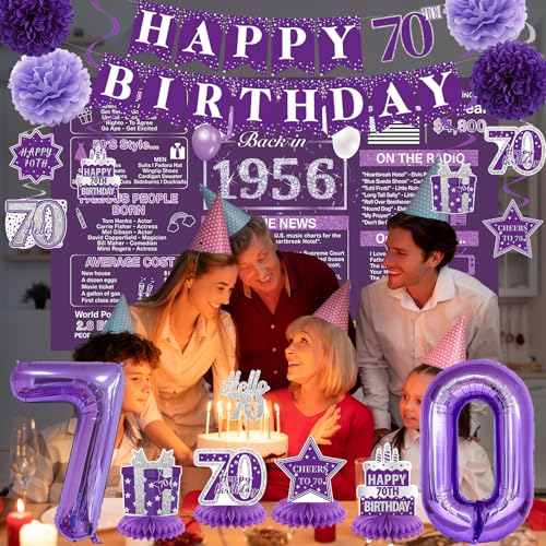 Image of Crenics Purple 70th Birthday Decorations for Women - Back in 1956 Backdrop, Banner, Swirls, Centerpieces, Sash, Paper Pom Poms, Cake Topper and Balloons for 70 Birthday Party Supplies