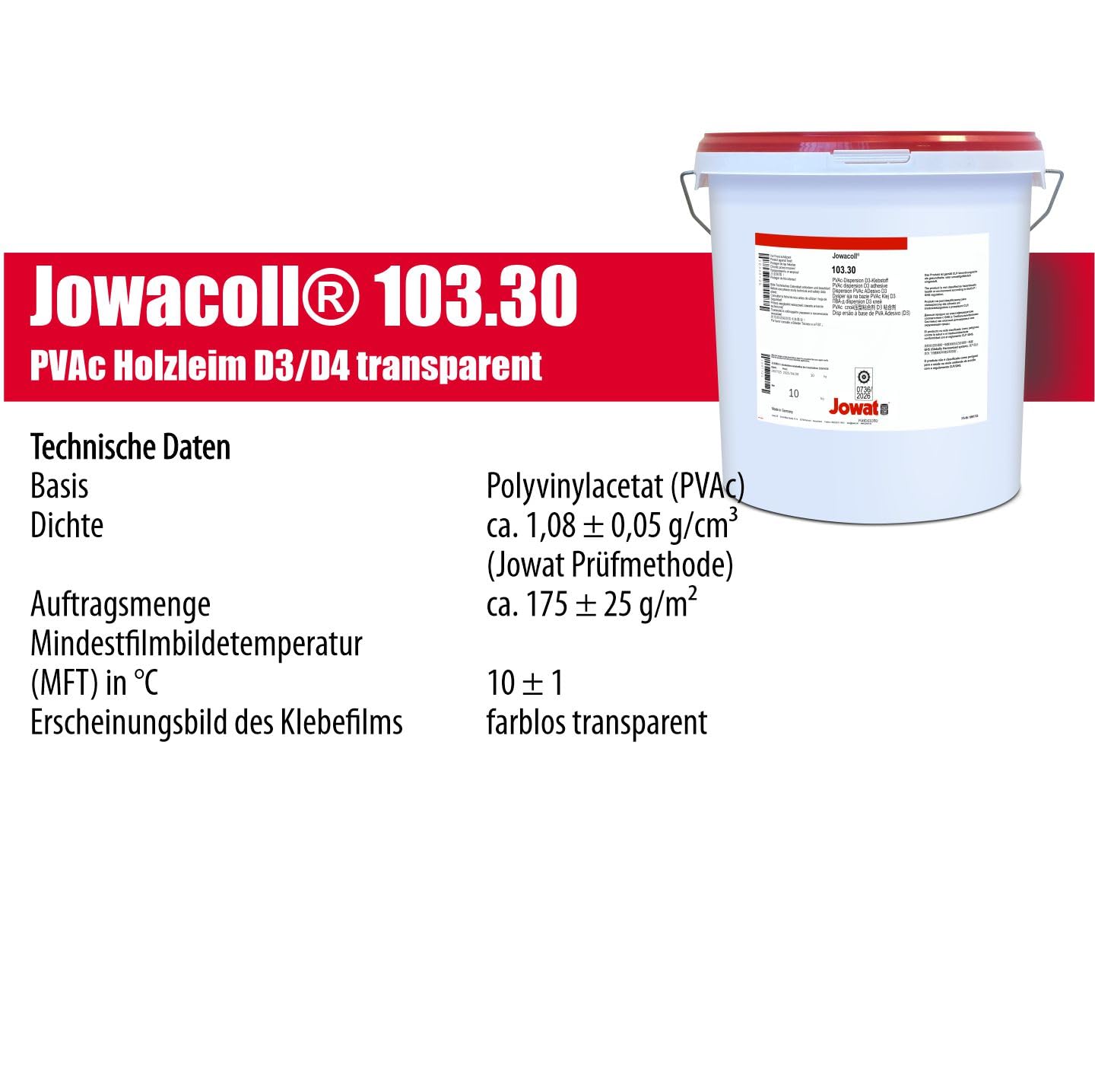 Jowat Jowacoll 103.30 10 kg Holzleim-Set inkl. Leimspachtel – Dispersionsleim D3 / D4 für Holz, Kanten, Furniere & Möbelbau – hohe Festigkeit