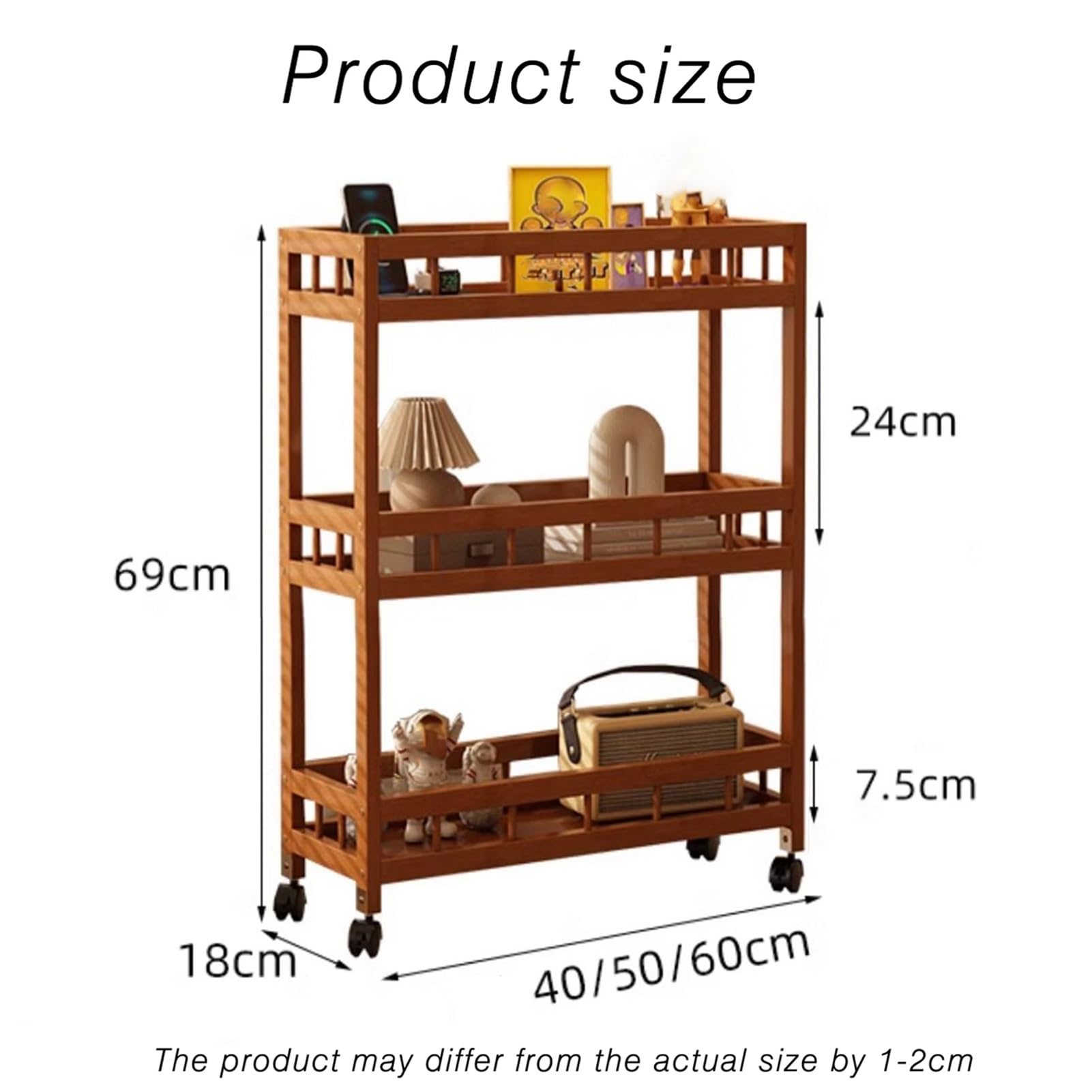 Carrello portaoggetti sottile a 2/3/4 ripiani per bagno, lavanderia e spazi ristretti, con ruote, 50 x 18 x 69 cm, compatto