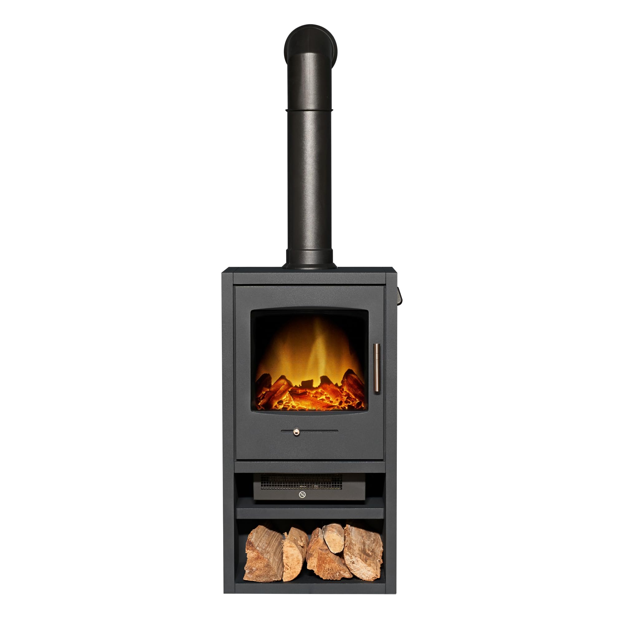 Adam Charcoal Grey Bergen Xl Electric Stove In With Tall Angled Stove Pipe In Black