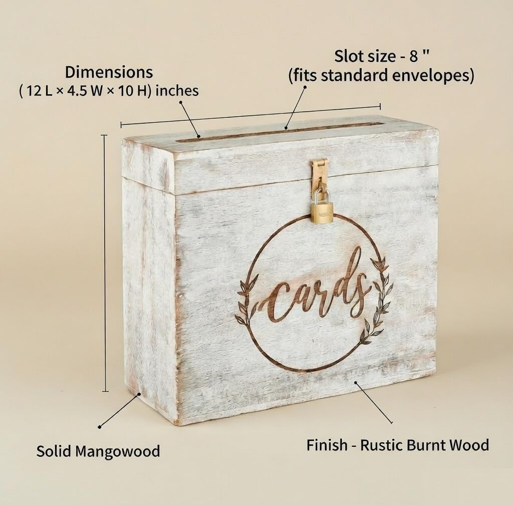 Wedding Card Box with Card Slit and Lock 12"X10"X4.5"- Gift Wishing Well Card Box for Weddings, Receptions, Birthdays, Graduations, Baby Showers, Honeymoon Funds WBKH (White)
