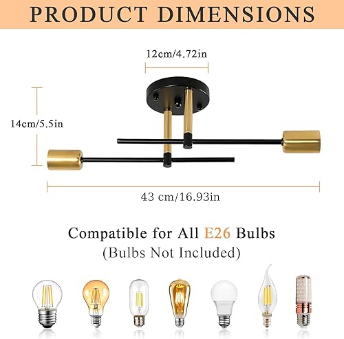 Miniatura 2 de Sputnik - Lámpara de techo semiempotrada con 2 luces Sputnik para dormitorio, comedor, baño, pasillo, sala de estar 2 luces negras y doradas,4 luces