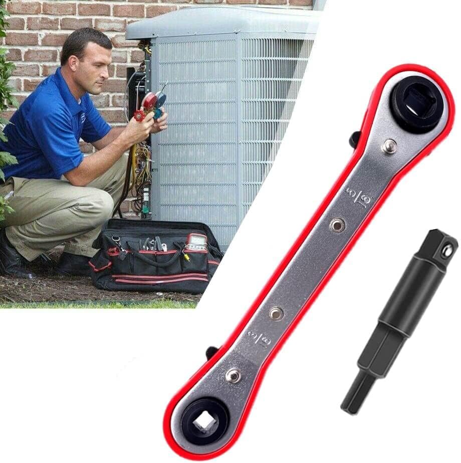 HVAC Service Wrench Set, Air Conditioner Valve Curved Ratchet Wrench (1/4", 3/8", 3/16", 5/16"), with Hexagon Bit Adapter Tool Kit for Refrigeration Equipment and Repair