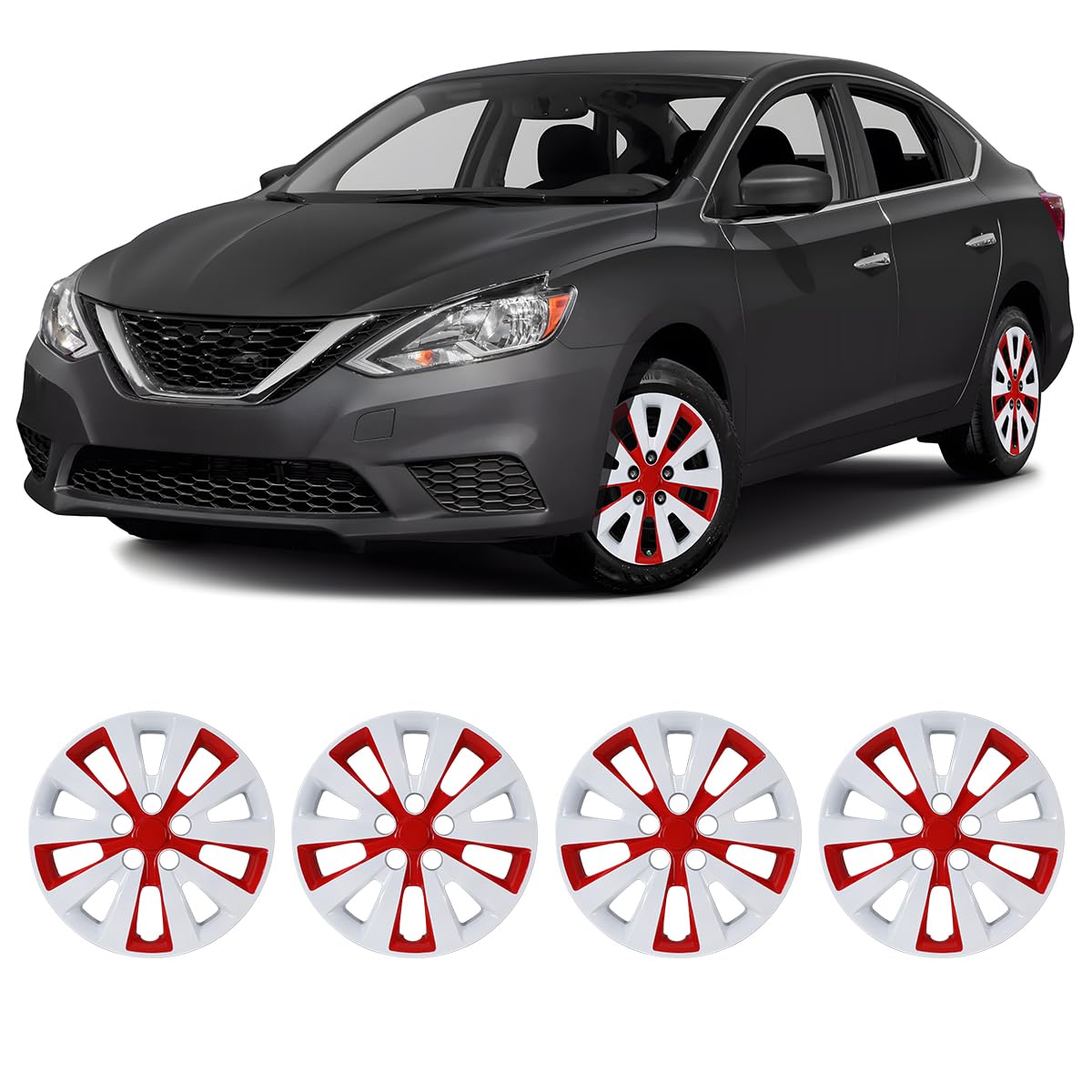 Winjet 16 inch Set of 4 Steel Wheel Hubcaps for 2013-2019 Sentra &amp; 2011-2017 Nissan Leaf Wheel Rims Cover,Snap On Installation PP Material (White Lacquer &amp; Red Lacquer)