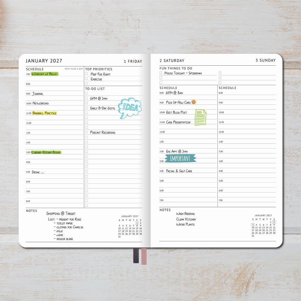 Agenda giornaliera 2027 con pagine mensili, calendario giornaliero e cose da fare, 14,2 x 21 cm, rosa