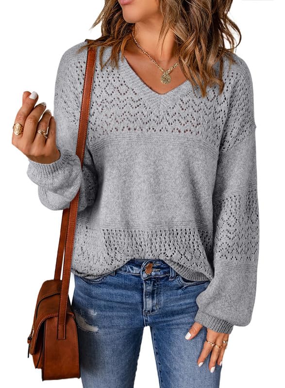 SHEWIN Women's Sweaters Casual Long Sleeve V Neck Lightweight Crochet Pullover Sweater Tops