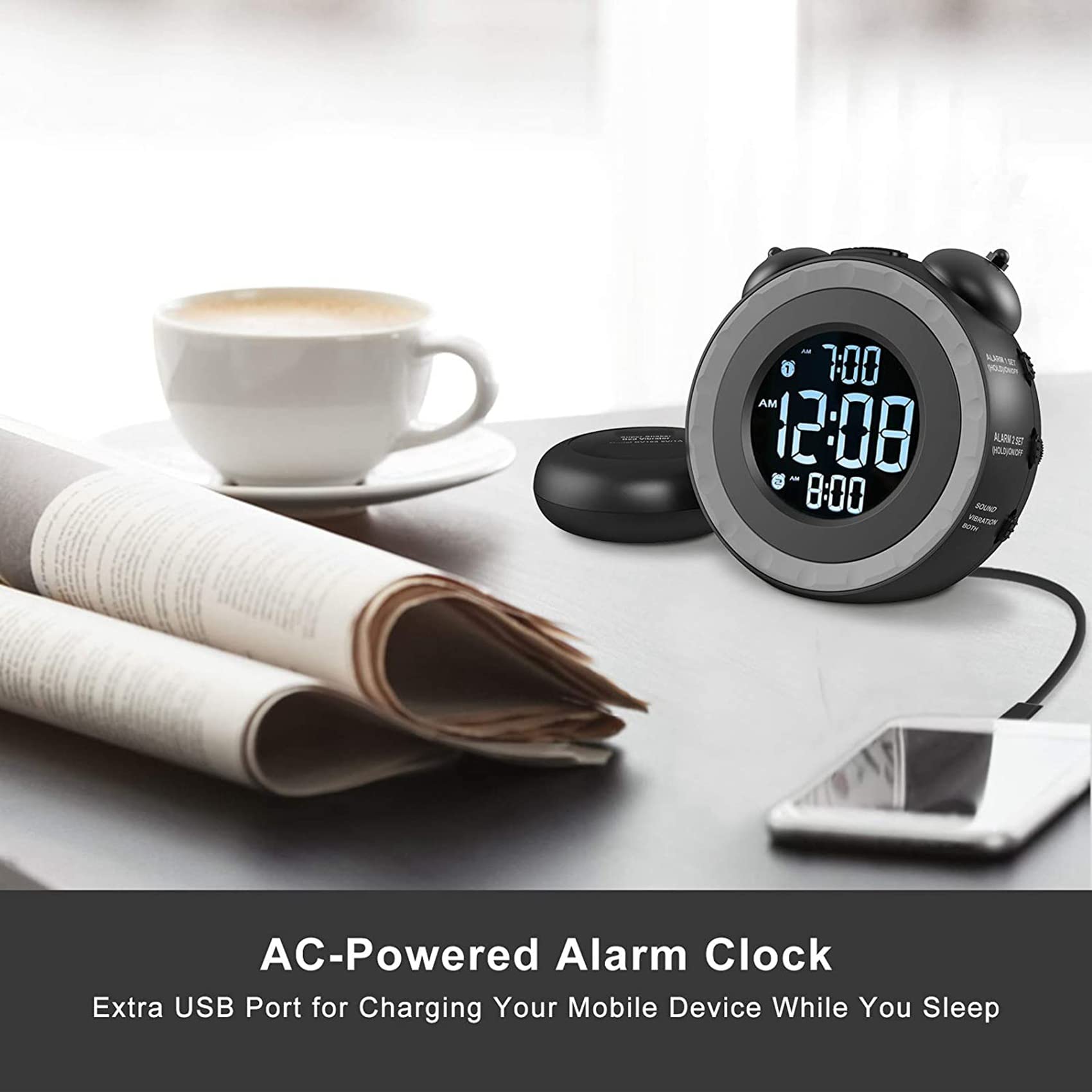 2X Reloj Despertador Doble Fuerte con Agitador de Cama, Reloj Despertador Vibratorio para Personas Que Duermen Mucho O Personas con Problemas de Audición, Puerto de Carga USB