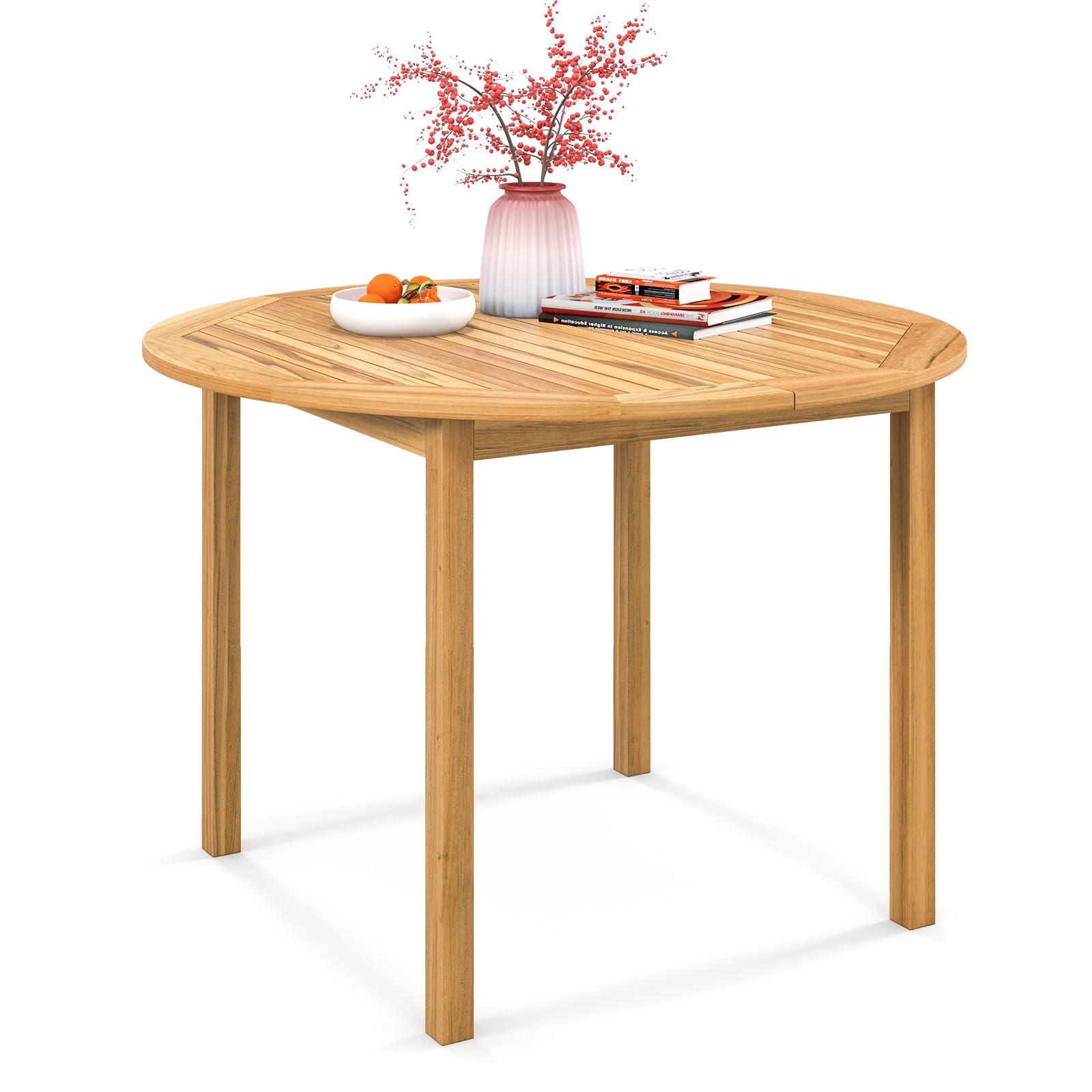 COSTWAY Tavolo da Pranzo Rotondo Giardino, in Legno di Acacia, per 4 Persone, Tavolo Pranzo per Esterno e Interno, Portata 75 kg, 100 x 100 x 75 cm