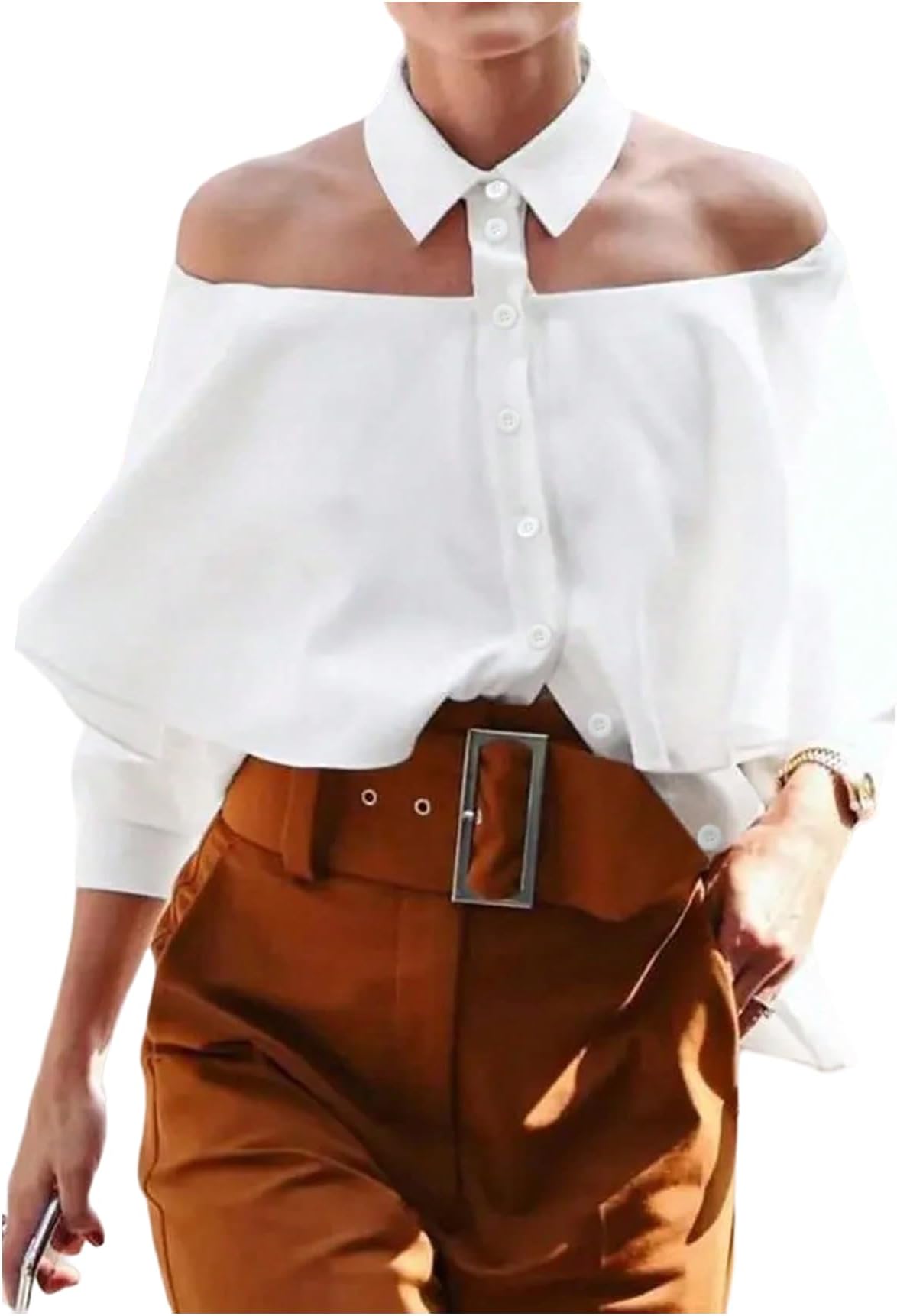 SOLY HUX Women's Off The Shoulder Button Down Shirt Collared 3/4 Sleeve Casual Tops Dressy Blouse