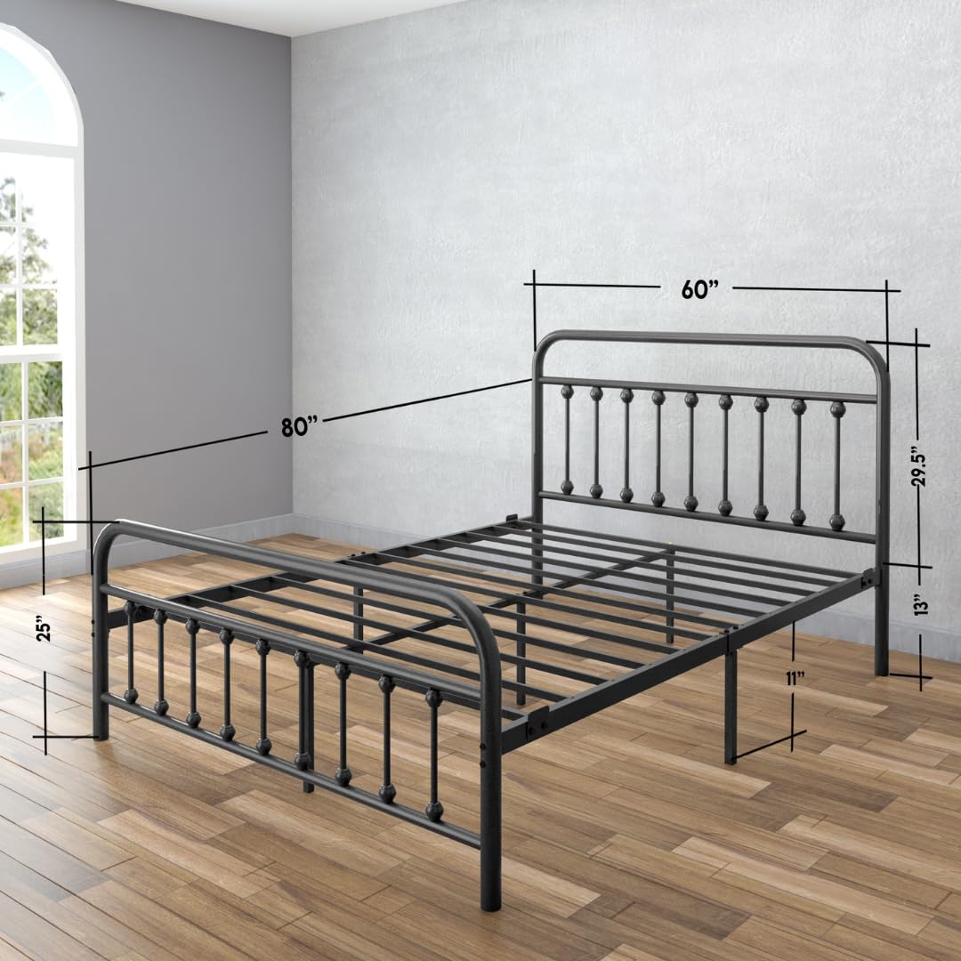 Golden Gate Beds Victorian Vintage Style Metal Bed Frame with Wrought Iron Headboard and Footboard, Classic Platform Bedframe with Storage, No Box Spring Needed, Mattress Foundation, Black, Queen Size