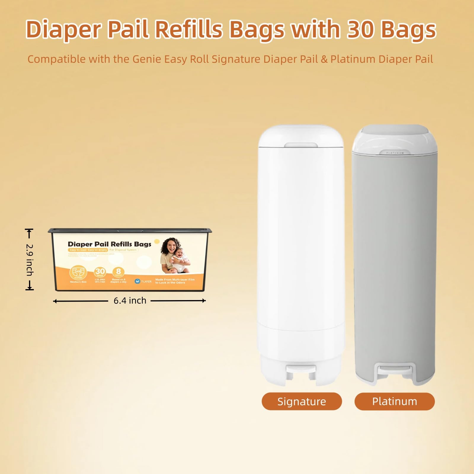 Paquete de 3 repuestos para cubos de pañales (90 bolsas en total) – Compatible con Genie Easy Roll Signature & Platinum, barrera de olor de 7 capas, a prueba de fugas y duradero