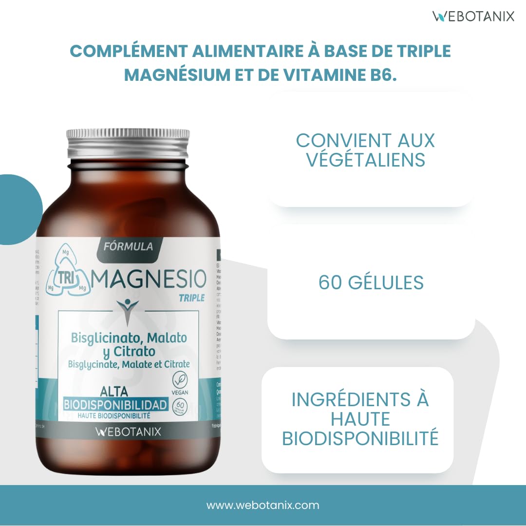 WeBotanix | Formule Triple Magnésium | Bisglycinate, Malate de Magnésium et Citrate de Magnésium avec Vitamine B6 | Énergie, Bien-être et Fonction Musculaire | Végan (120 unité)