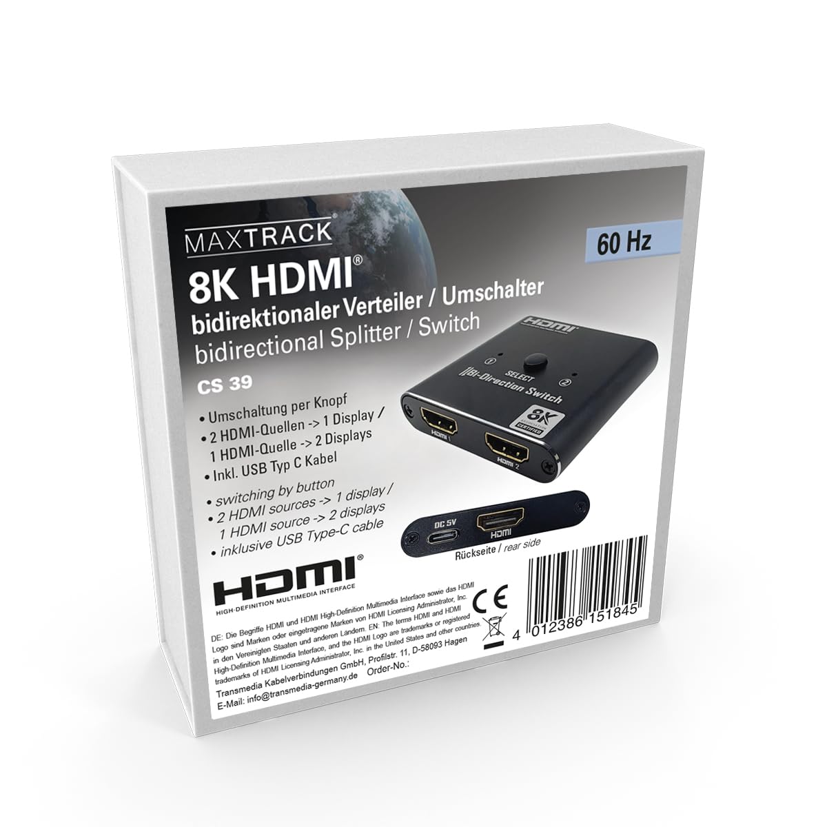 MAXTRACK Dwukierunkowy rozdzielacz HDMI 8K - CS39L, rozdzielacz HDMI i przełącznik HDMI, 2 w 1 out lub 1 in2out, 8K 60 Hz, 4K @ 120 Hz, kompatybilny z PS5, Xbox, streaming Box, projektorem, TV