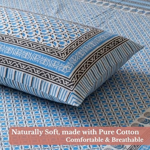Image of Jaipur Weaves Jaipuri Double Bed Cotton Bedsheet Queen Size 90x85, 120 TC 100% Pure Cotton Bed Sheet with 2 Pillow Covers, Floral Traditional Print (Motifs Blue, Double)