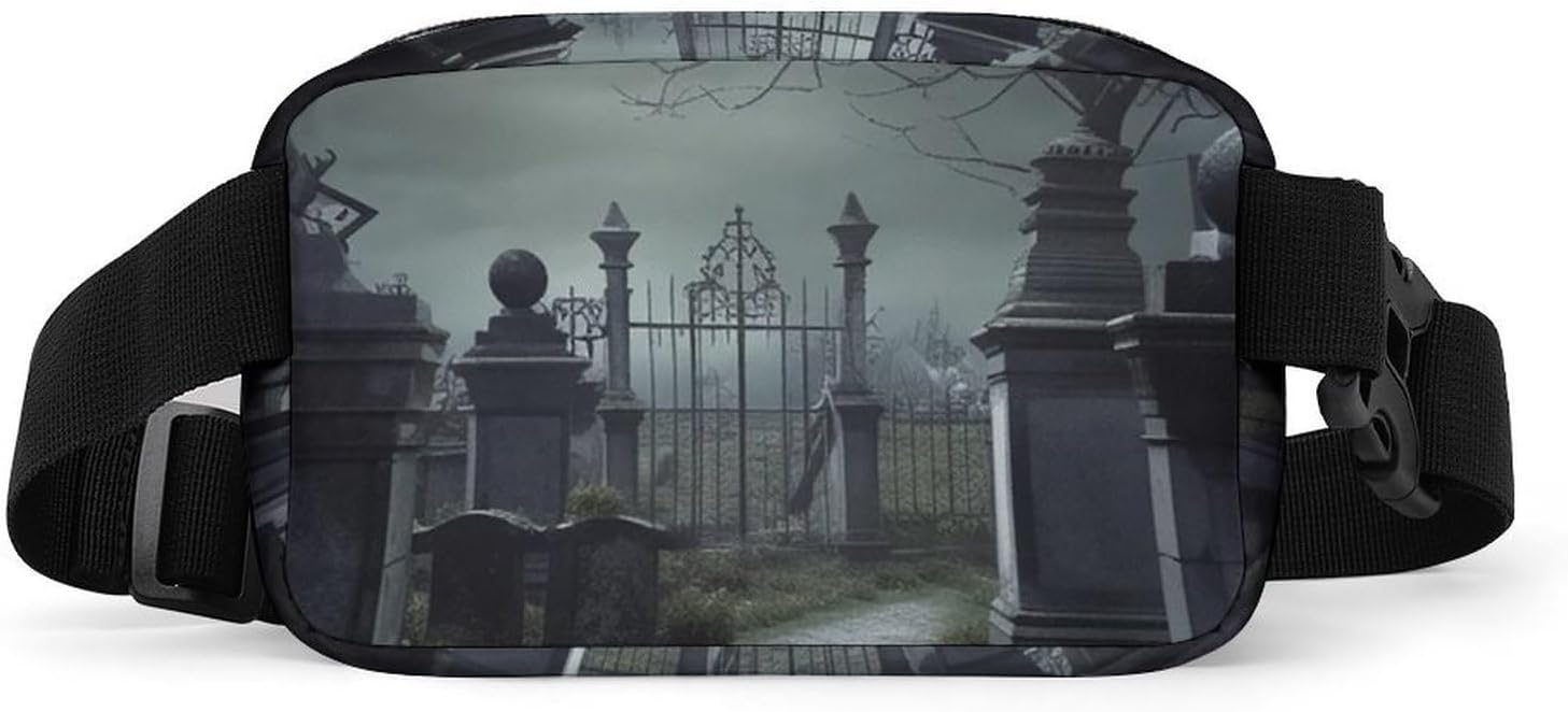 Creepy Cemetery Fanny Packs with Zipper, Personalized Waist Bags with Multiple Pockets, Adjustable Sling Bag for Travel, Waterproof Belt Bag, Crossbody Bags