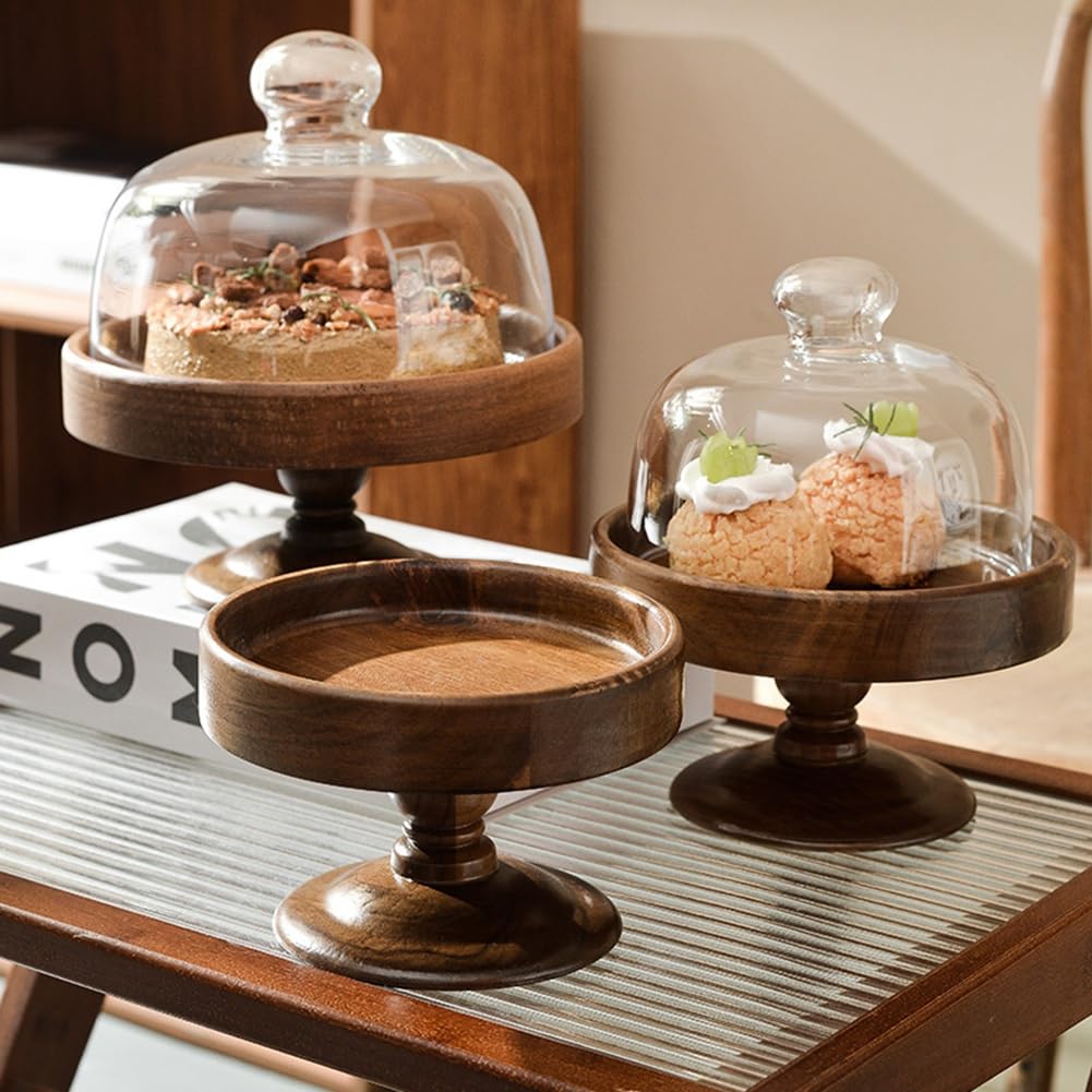 Elegante Soporte para Tartas de Pie Alto con Cubierta de Vidrio - de Postre de Madera y Vidrio, para Dim Sum, para Pan M
