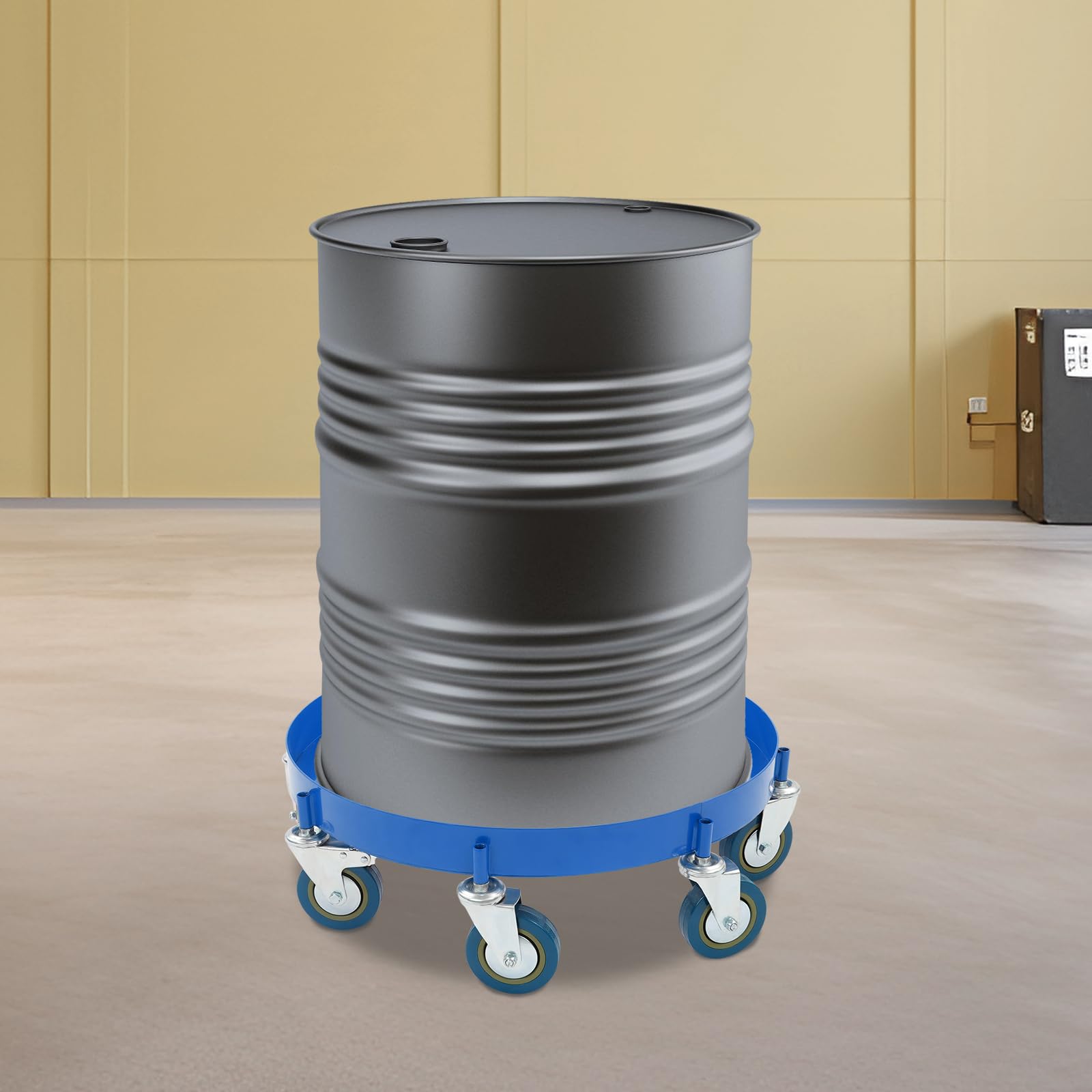 Chariot de transport pour fûts d'huile de 200 l, planche à roulettes à 8 roues avec capacité de charge de 900 kg, en métal, pour atelier, entrepôt et industrie (bleu)