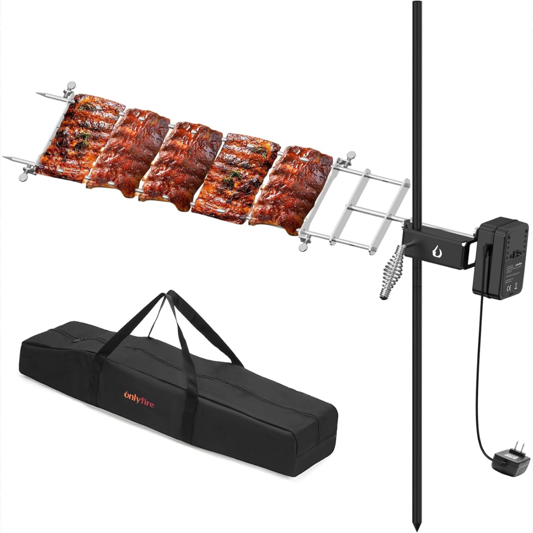 onlyfire Kit per girarrosto elettrico in acciaio inox, resistente, per girarrosto domestico e falò, con borsa per il trasporto
