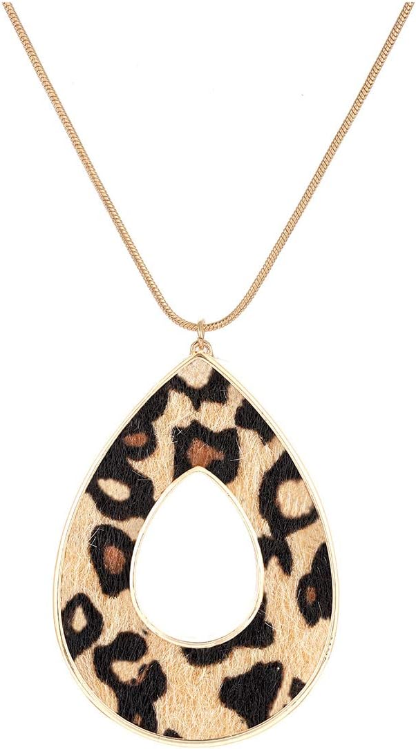 SHAMARTE Leopard Print Pendant Necklace for Women Cheetah Leather Long Necklace for Women (Teardrop Pendant)