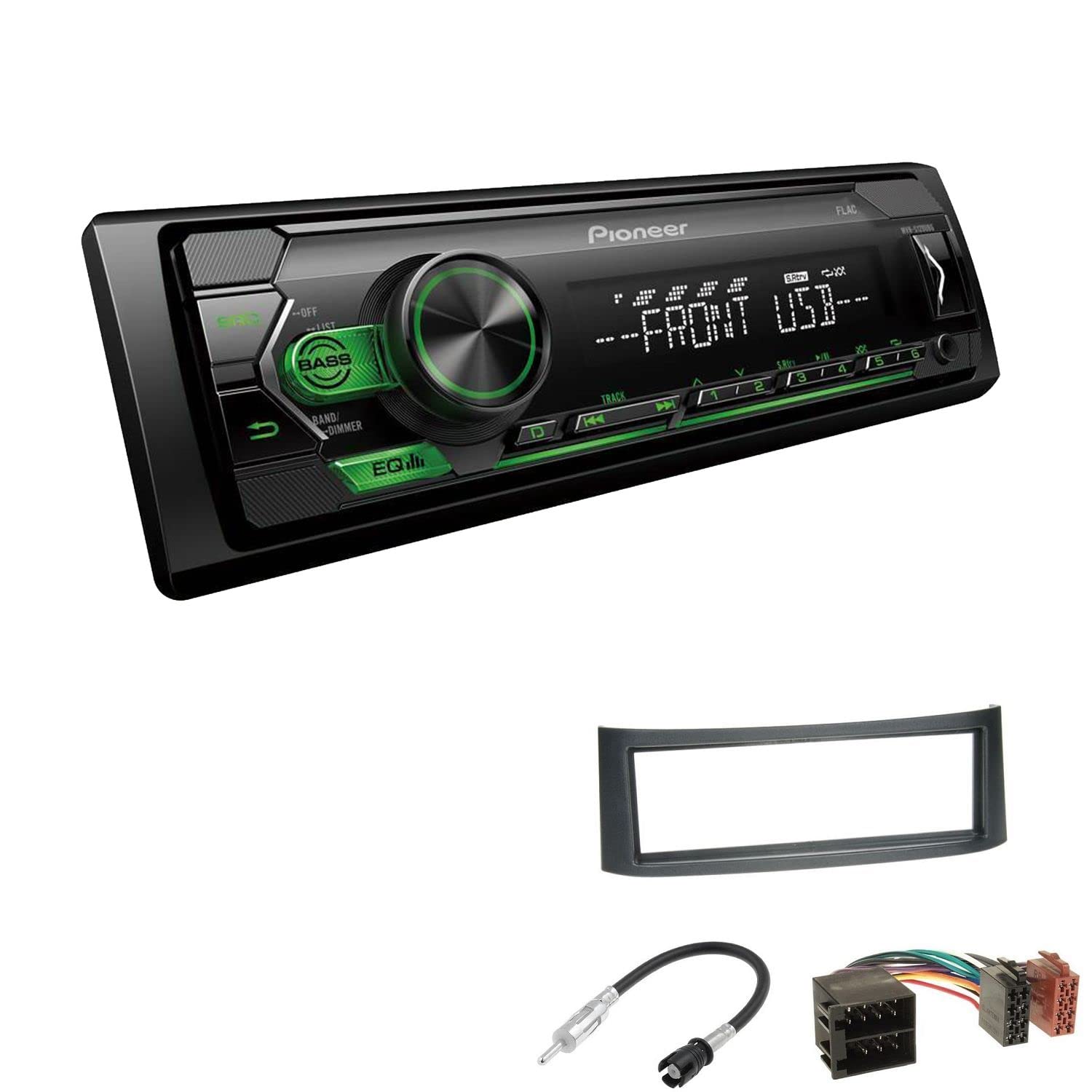 Pioneer MVH-S120UBG 1-DIN Autoradio mit grüner Beleuchtung und USB kompatibel mit Android-Smartphones inkl. Einbauset passend für Smart Roadster 2003-2005 anthrazit