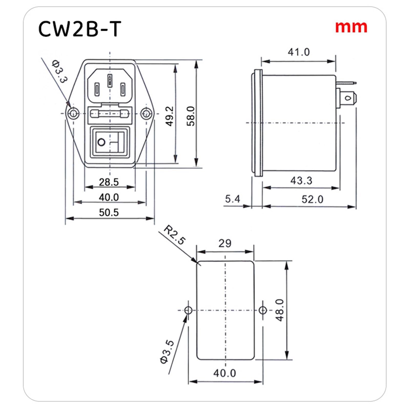 IEC Socket Power Filter CW2B-T CW2C-T 3A 6A 10A Filtre électromagnétique EMI avec interrupteur de sécurité pour équipement industriel (CW2B-10A-T)