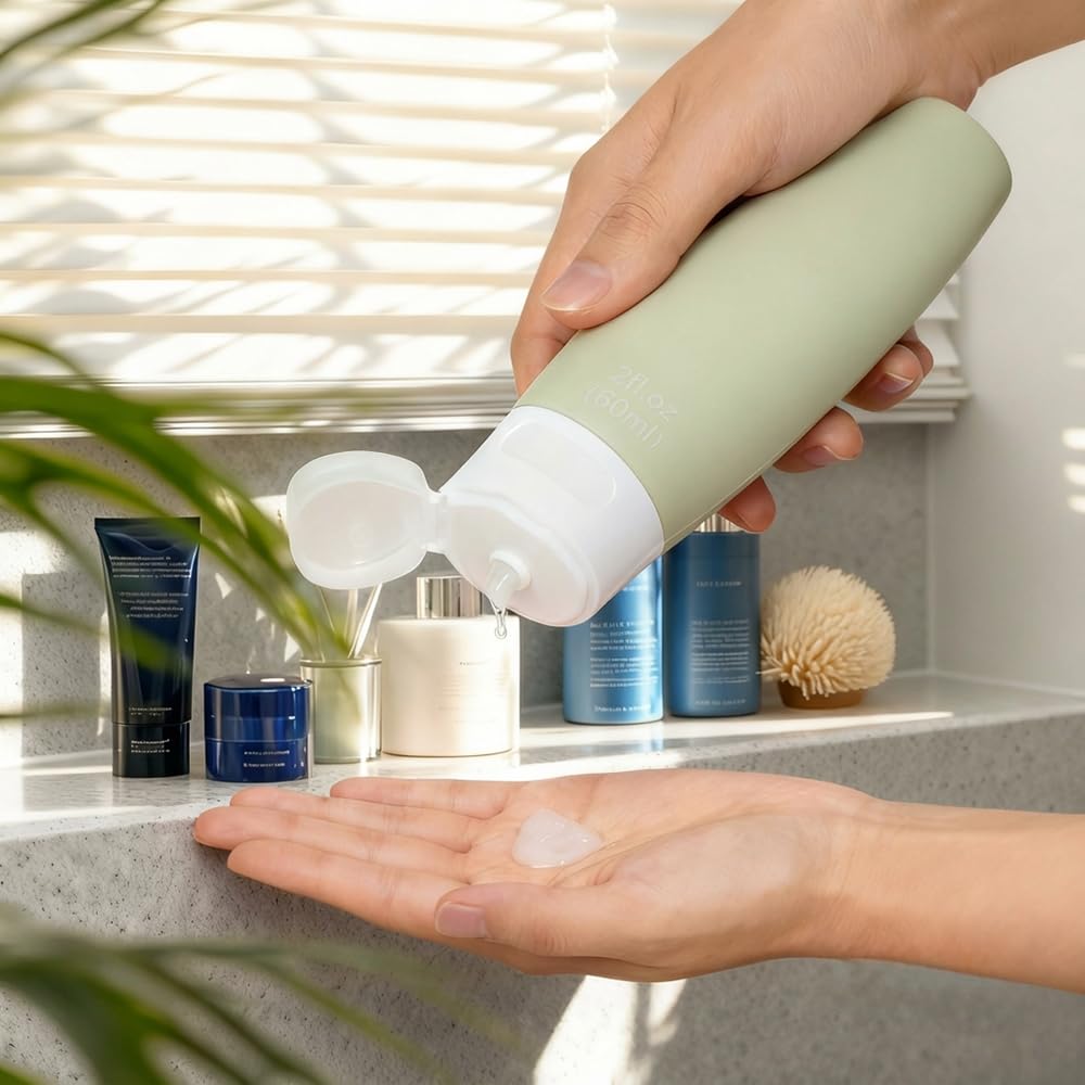 4 PCS Silicone Travel Bottles, 2oz Refillable Toiletries Containers Set, Small Empty Travel Size Bottles for Shampoo, Lotion, Shower Gel (Morandi)