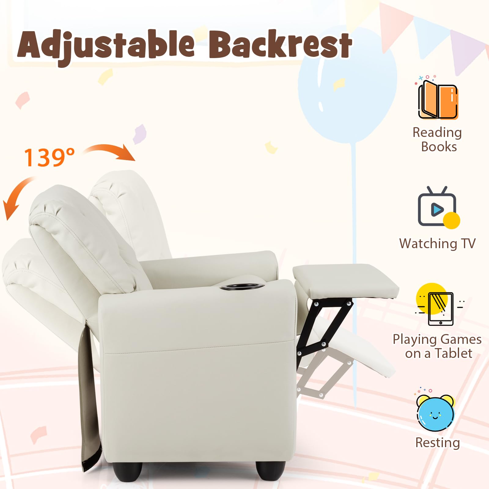 LIFEZEAL Sofá infantil, sillón infantil con función reclinable, sillón relax 2 en 1 para niños, sofá infantil con reposapiés ajustable y soporte para bebidas, sofá pequeño para habitación infantil