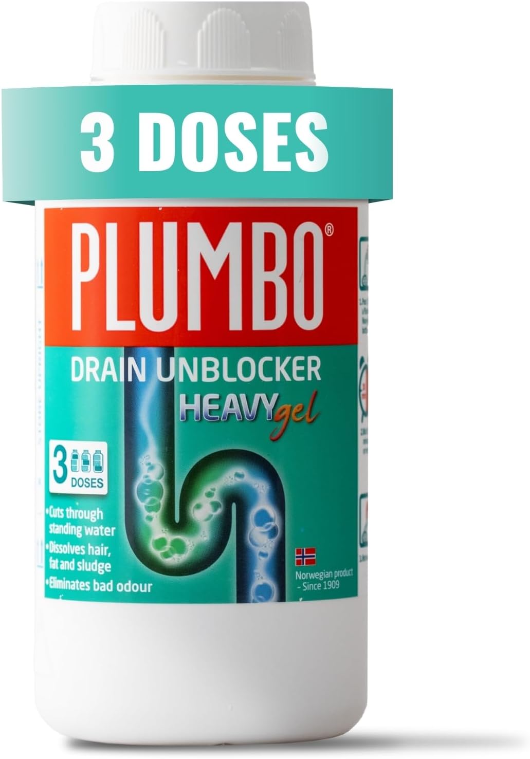 – Drain Unblocker 3 Doses Heavy Duty Gel Formula – Dissolves Hair, Grease & Waste – Odour Remover, Gentle on Pipes by Plumbo
