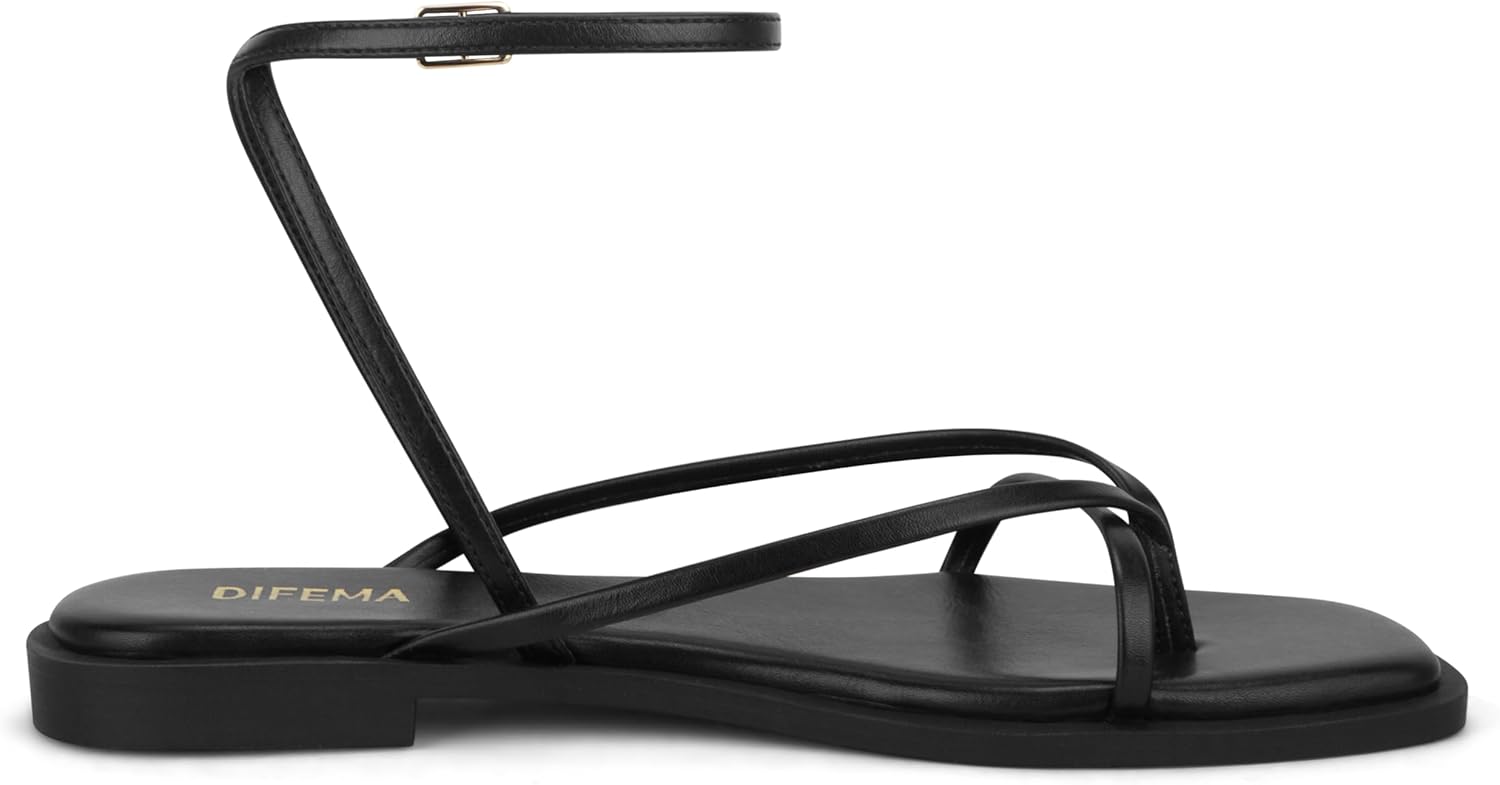 Womens Flats Sandals Square Toe Strappy Ankle Strap Flats - Image 5