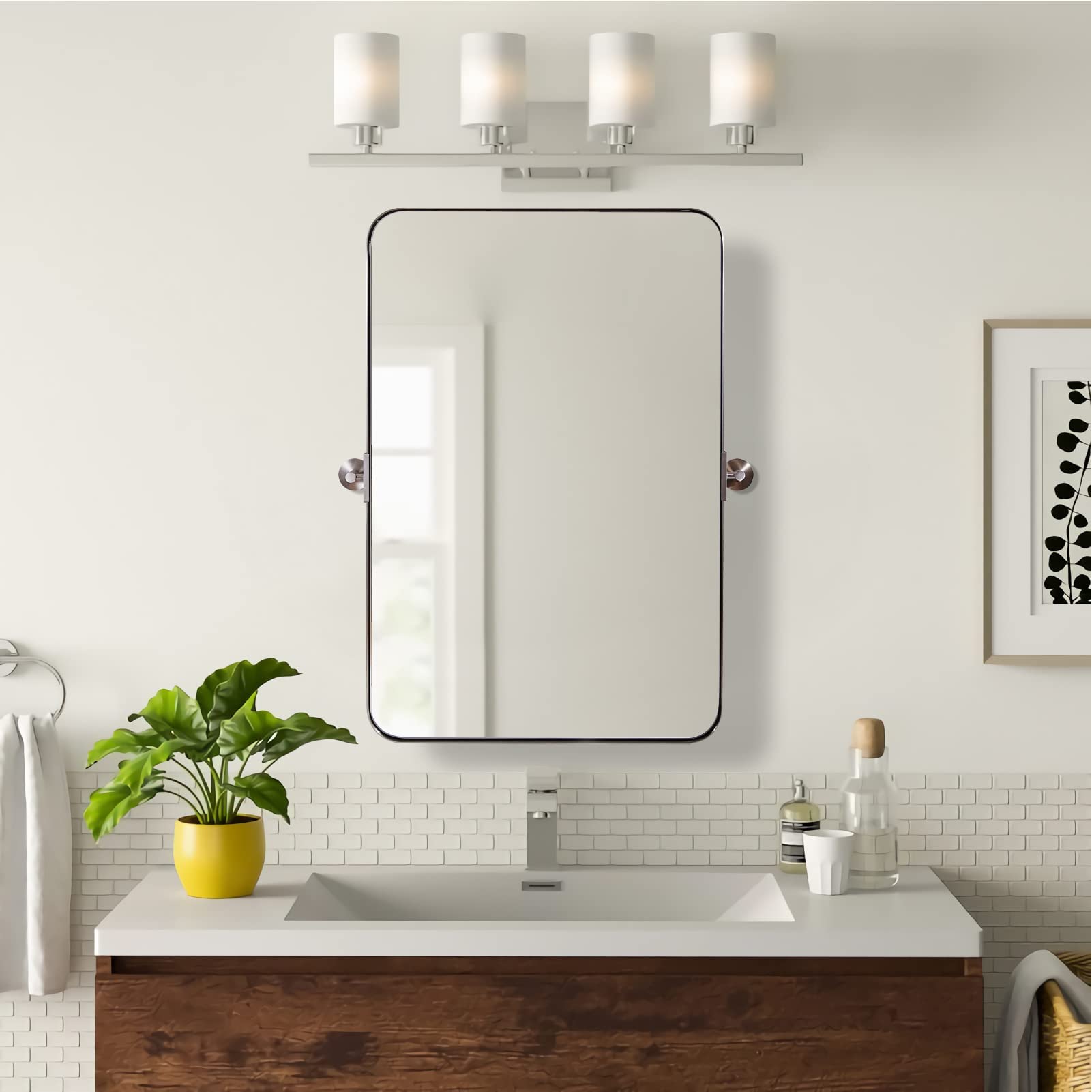 Amazon.com: ANDY STAR 25"x38" Brushed Nickel Metal Framed Pivot Rectangle  Bathroom Mirror in Stainless Steel, Tilting Rounded Rectangular Vanity  Mirror for Wall Mounted Hangs Vertical : Beauty & Personal Care