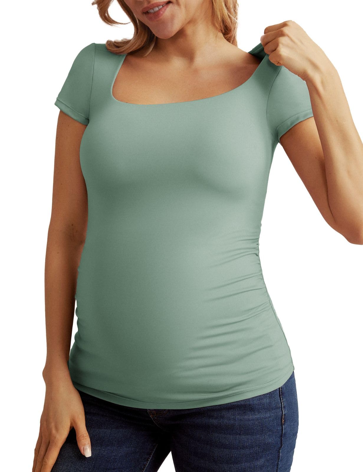 Maacie Maternity Shirts Square Neck Athletic Tops Buttery Soft Double Lined Basic Shirts