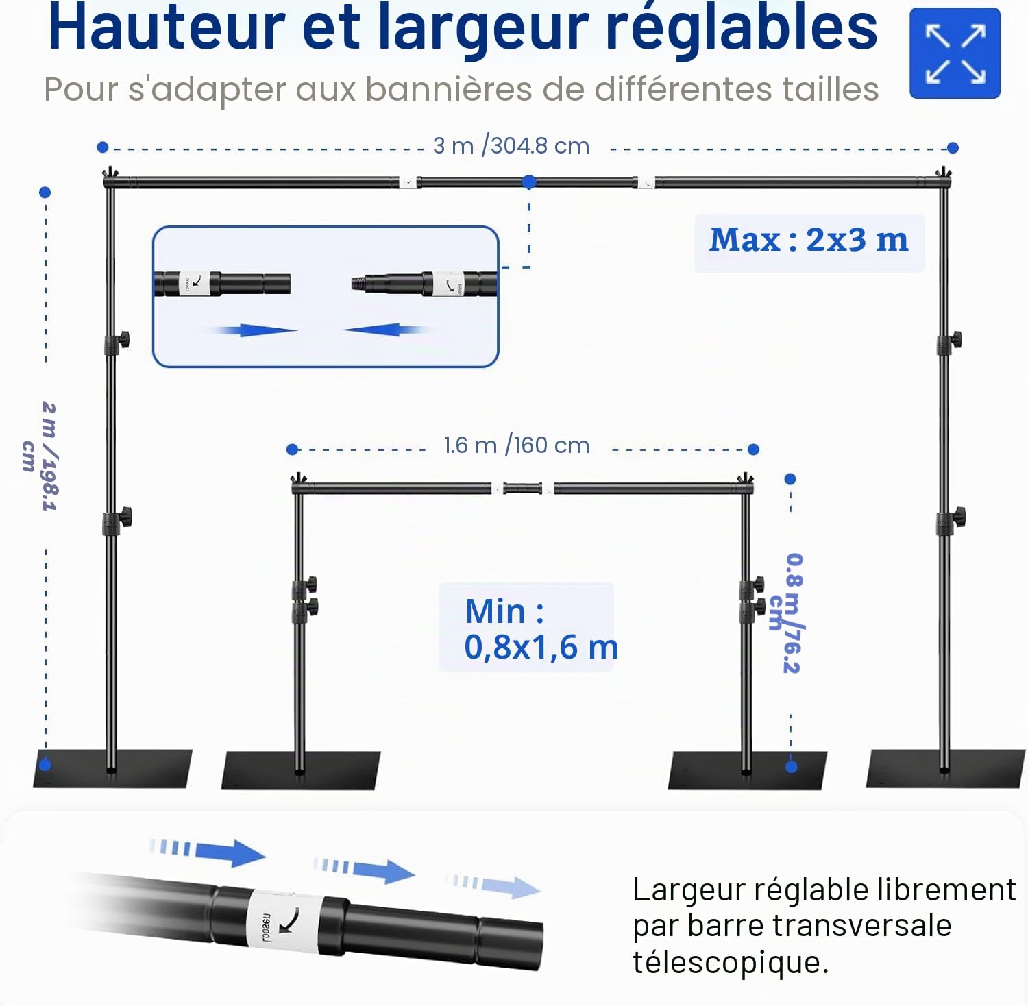 EMART Support de Fond Photo avec Socle, 2m x 3m Support Toile de Fond Réglable pour Photographie, Studio Photo Vidéo, Décoration de Fête