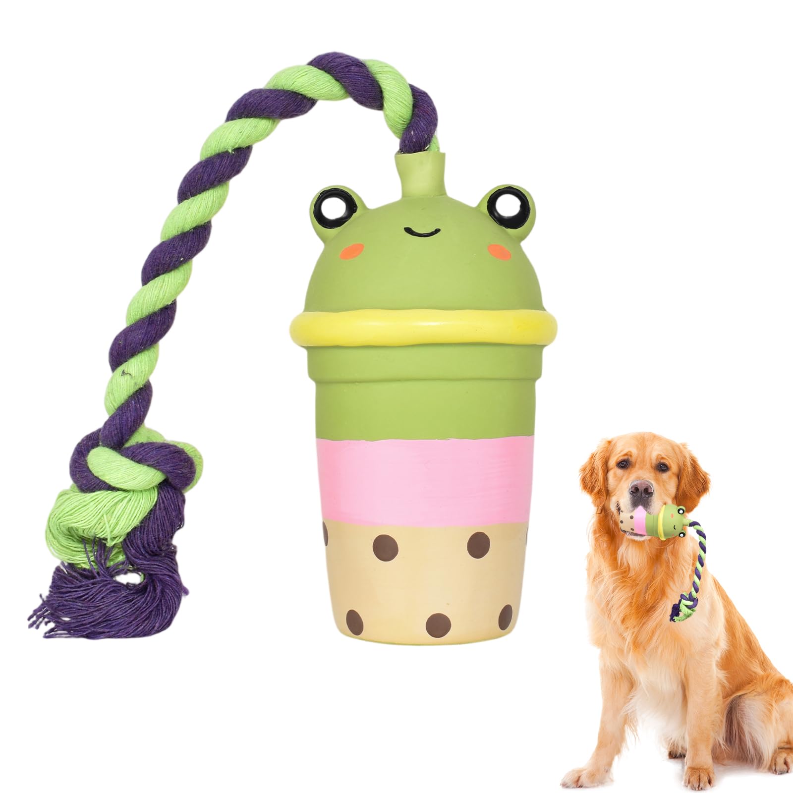 Rylae Dog Chew Toy, Latex Milk Tea Cup Dog Toy with Rope, Dogs Squeaky Toy, Fun to Chew, Chase and Fetch, Durable Teething Toy