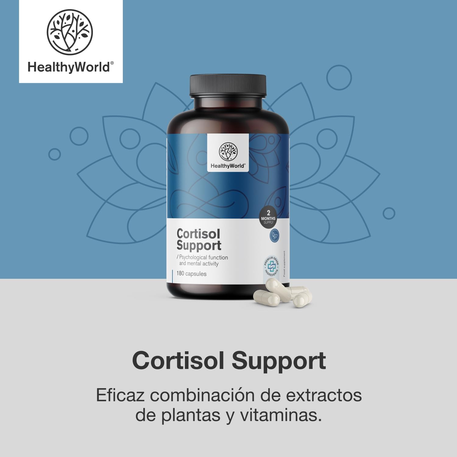 HealthyWorld Cortisol Support - 180 cápsulas - Ashwagandha, Rodiola, L-Teanina, Zinc, Pimienta Negra, Vitamina C1, B1, B5, B6 - Para el Equilibrio Hormonal - Fórmula Vegetariana