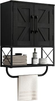 RUSTOWN Farmhouse Rustic Medicine Cabinet with Two Barn Door,Wood Wall Mounted Storage Cabinet with Adjustable Shelf and Towel Bar, 3-Tier Cabinet for Bathroom, Living RoomBlack