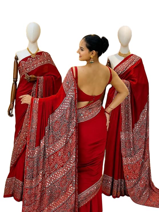 Image of Women's Chinon Silk Saree with Printed Design, Mirror Work & Zari Woven Detailing | Ethnic Wear Saree with Unstitched Blouse Piece | Traditional Festive & WeddingWear