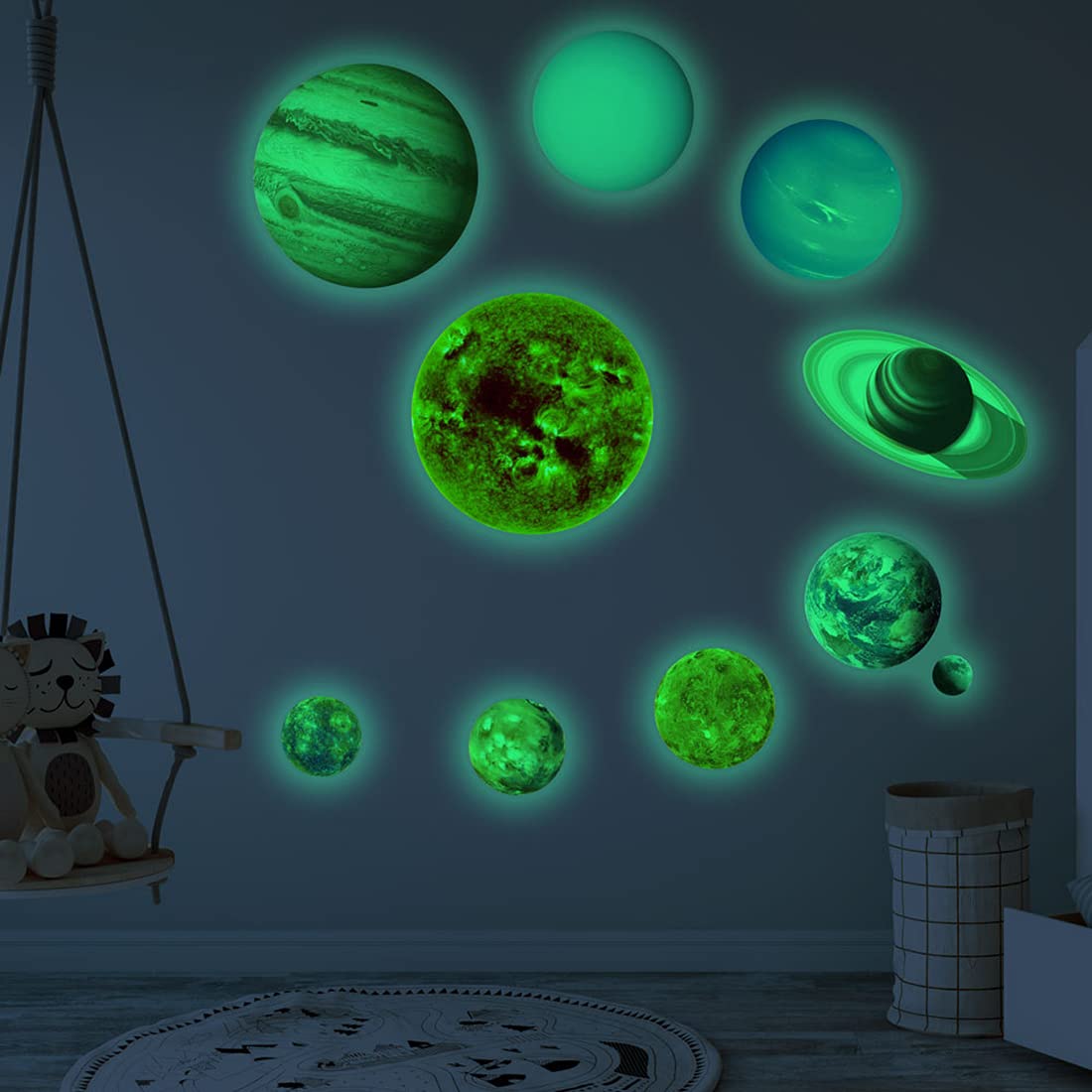 3D Nine Planets Solar System Pattern Luminous Wall Sticker, Glow in the dark Planets Wallpaper, Baby Boys Girls Kids Bedroom Birthday Gift (Large)