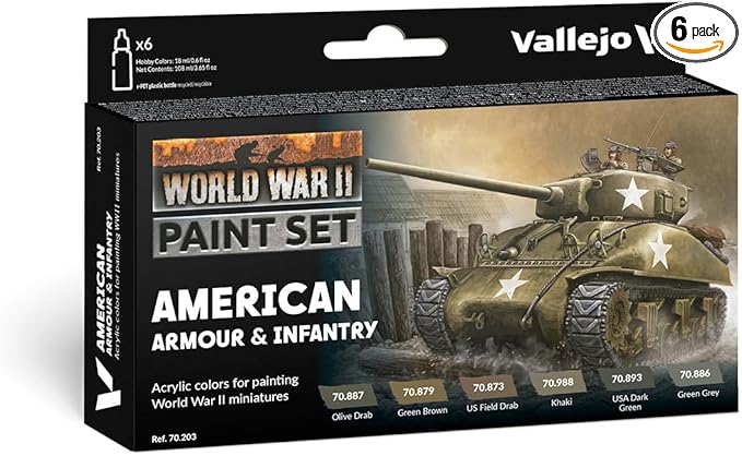 Vallejo - WWII American Armour & Infantry Model Color Paint Set | Historic US Military Shades | Brush & Airbrush Compatible Acrylic Colors | Pro Modeler Collection | 6 bottles x 18 ml. (0.6 fl.oz)