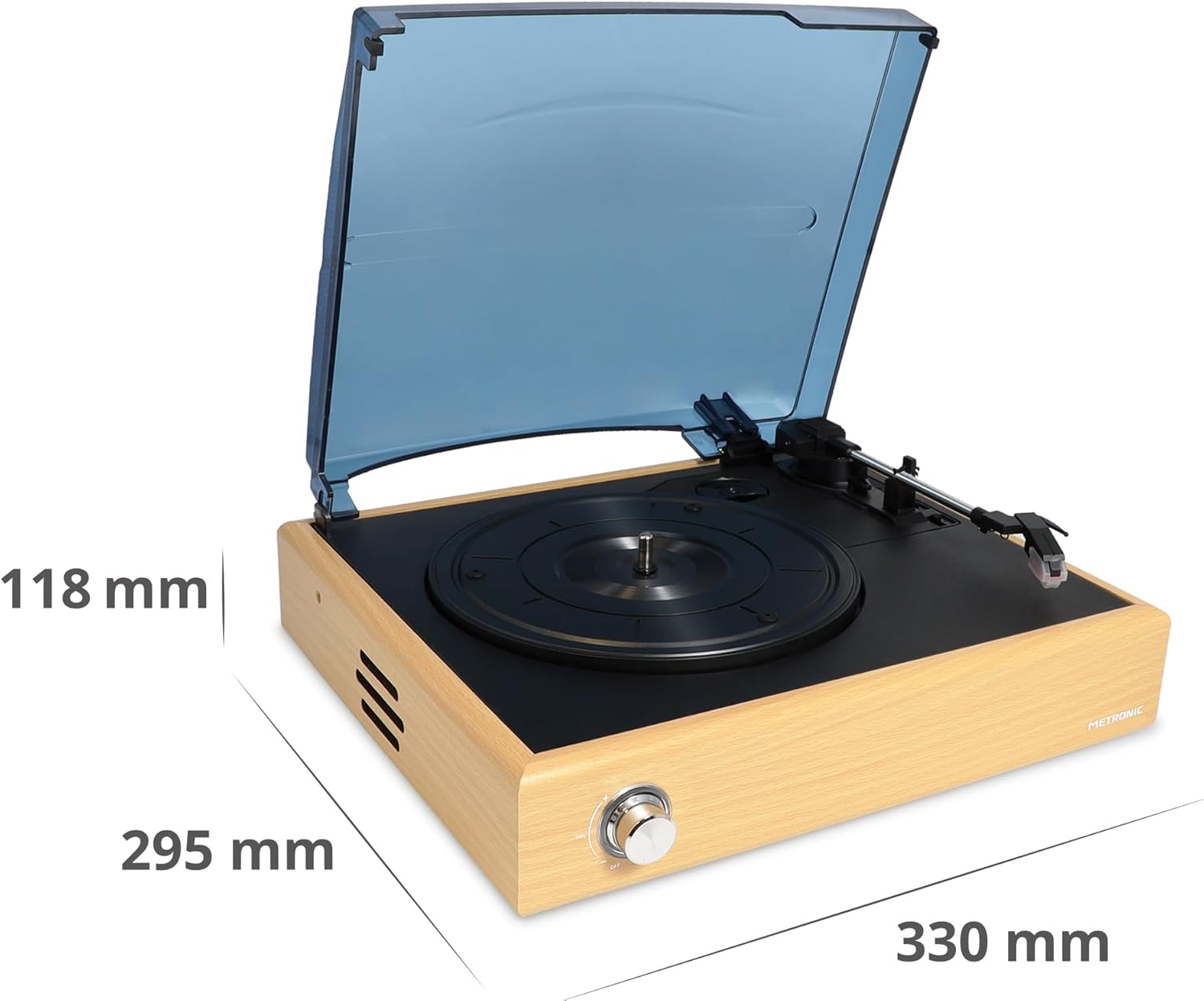 Diagram showing the dimensions of the Metronic turntable: 330 mm length, 295 mm width, and 118 mm height.