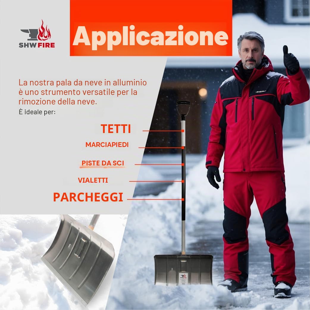 SHW-FIRE Pala da neve in alluminio, 50 cm, con manico ergonomico e bordo in alluminio, ideale per grandi quantità di neve su marciapiedi e vialetti, Made in Germany