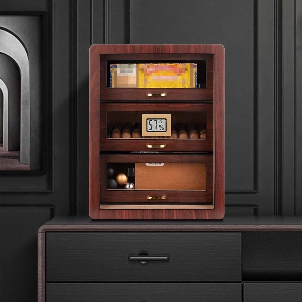 Zigarren-Humidor Zedernholz Aufbewahrungsbox mit 3 Schichten Schubladen und digitalem Hygrometer, Tisch-Elektro-Humidor für den Desktop-Einsatz