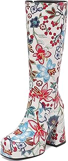 Women's Knee High Boots | Floral Print Chunky Heel for Artistic Style, 1...