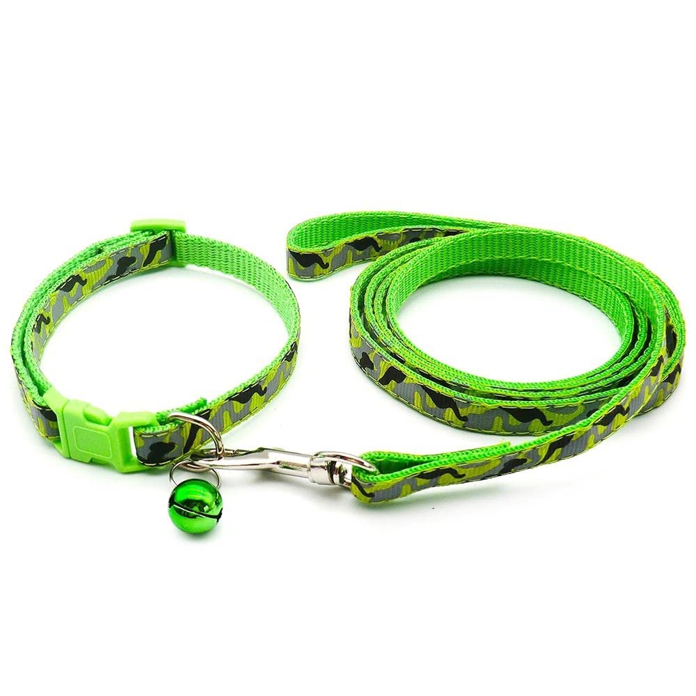 Small Dog Puppy Pet Collar and Lead Set Camo Camouflage Design Nylon Adjustable Size 19-32cm Collar with Bell and 120cm Leash Green - Image 2