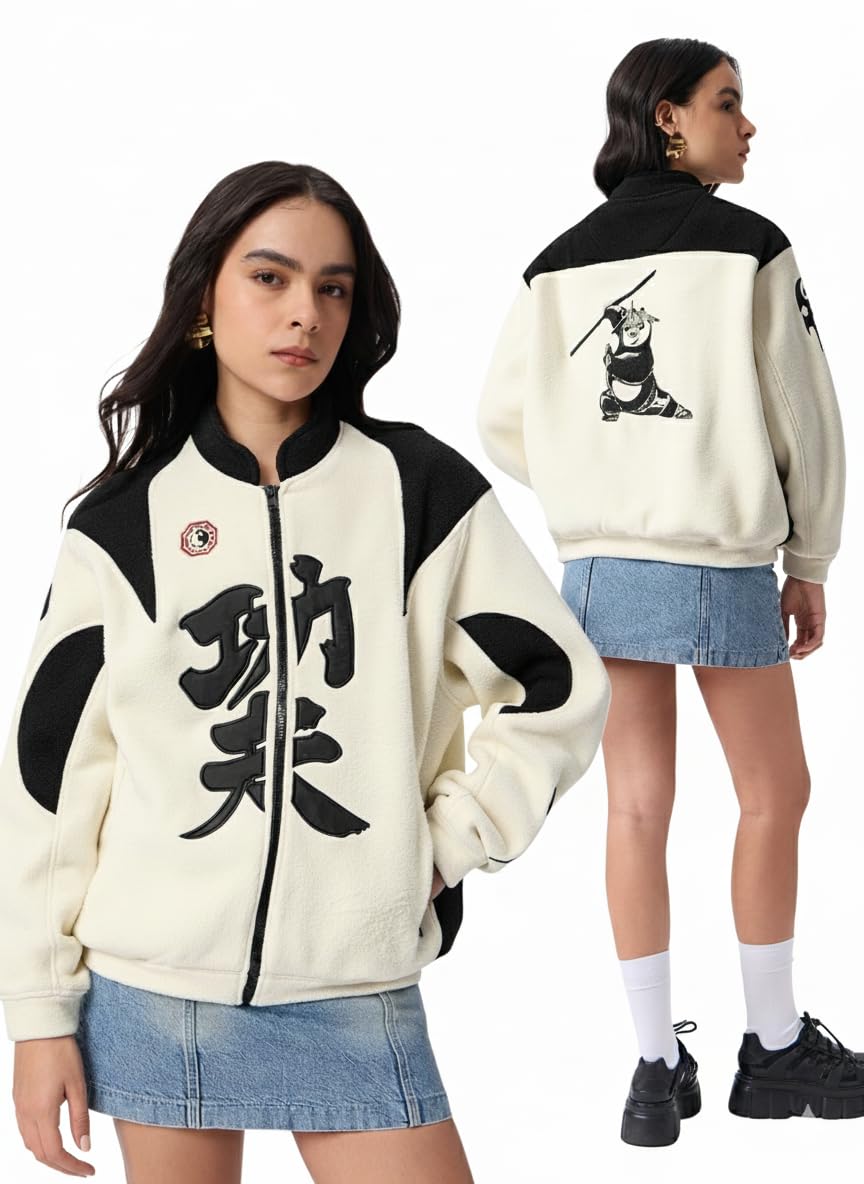 the souled store Kung Fu Panda: Racer Chi Women and Girls Full Sleeves Mock Neck Off White and Black Graphic Embroidered Polyester Lightweight Winter Oversized Jacket-picture-22