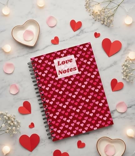 Script & Soul | Love Notes Red Heart Pattern Spiral Notebook – Romantic Deep Red & Pink Confetti Design | Cute Valentine’s Day Gift for Girlfriend & Wife | A5 Unruled Diary for Memories