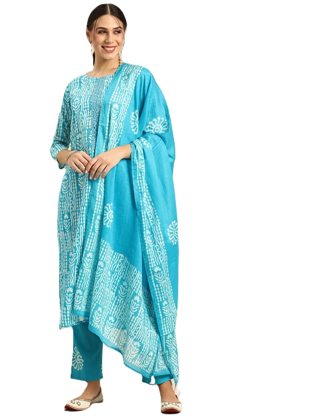 Womens Ethnic Motifs Print Mirror Work Cotton Straight Kurta Trousers With Printd Dupatta Suit-image-48