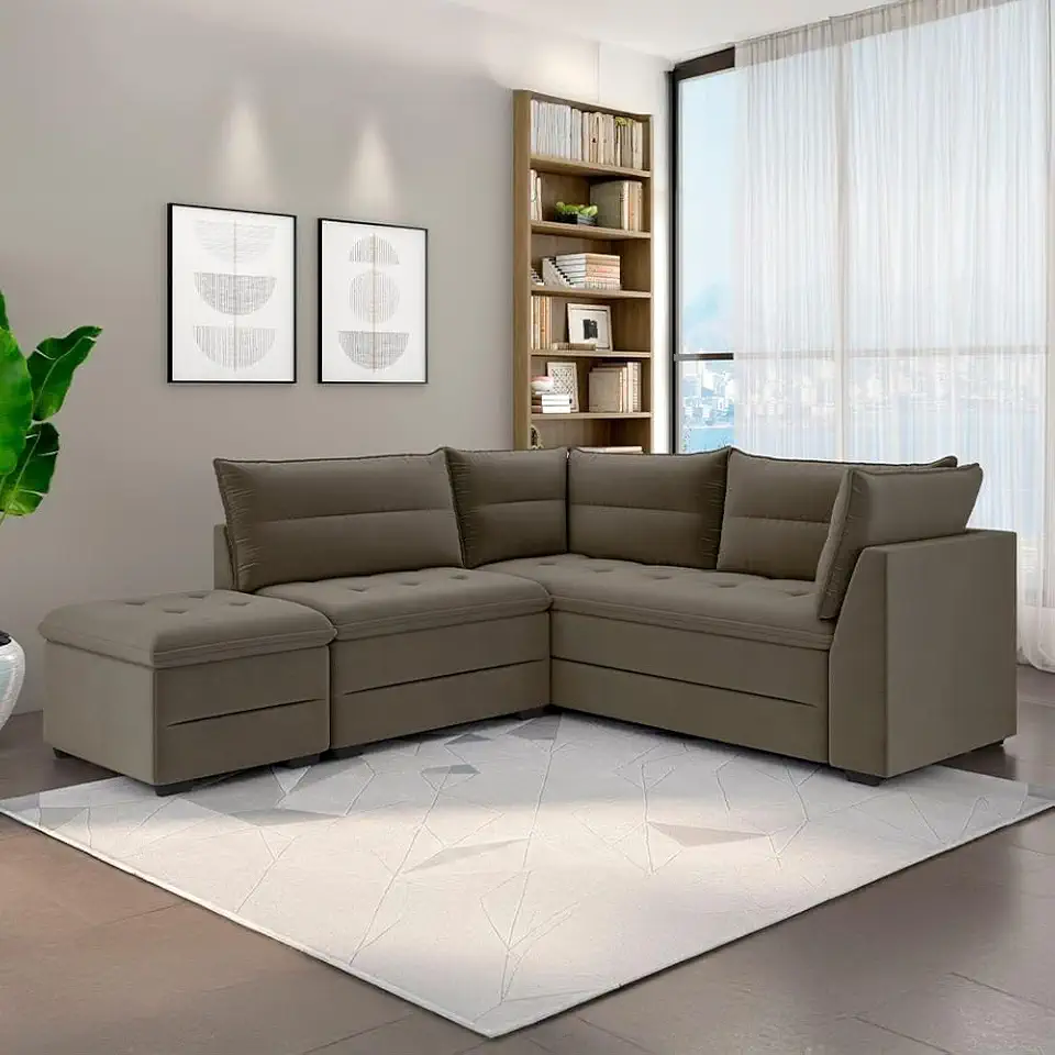 Sofá Modular de Canto 4 Lugares com Pufe, Revestimento em Suede, Capuccino, 408cm Largura