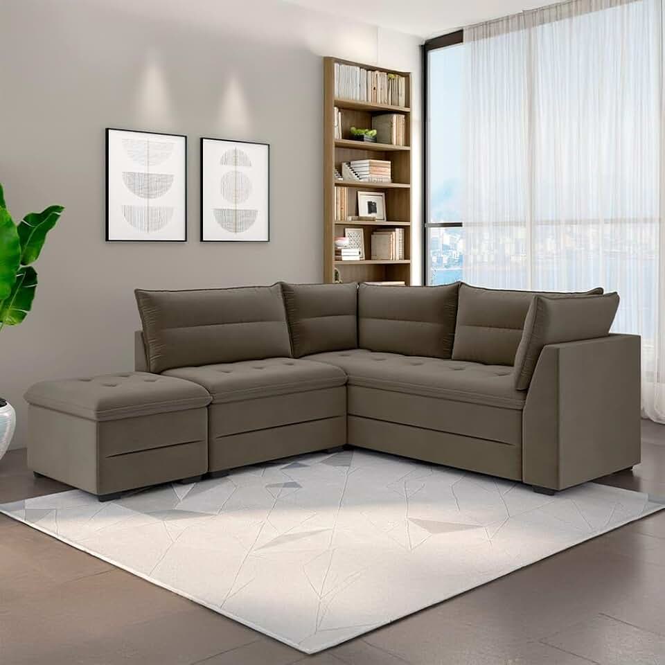 Sofá Modular de Canto 4 Lugares com Pufe, Revestimento em Suede, Capuccino, 408cm Largura