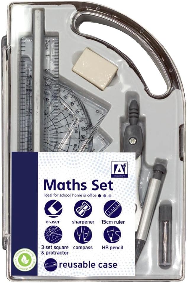 9 Piece Maths Geometry Set School Exam Stationery Ruler Compass Protractor Set Squares CMAT