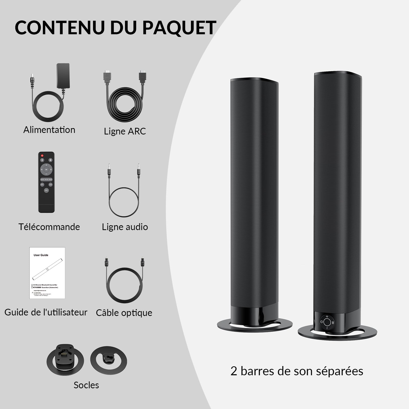 GarageRock Barre de Son TV 2 en 1 Divisible, Haut-parleurs Stéréo avec 3 Modes d'Égalisation, Arc/Opt/AUX